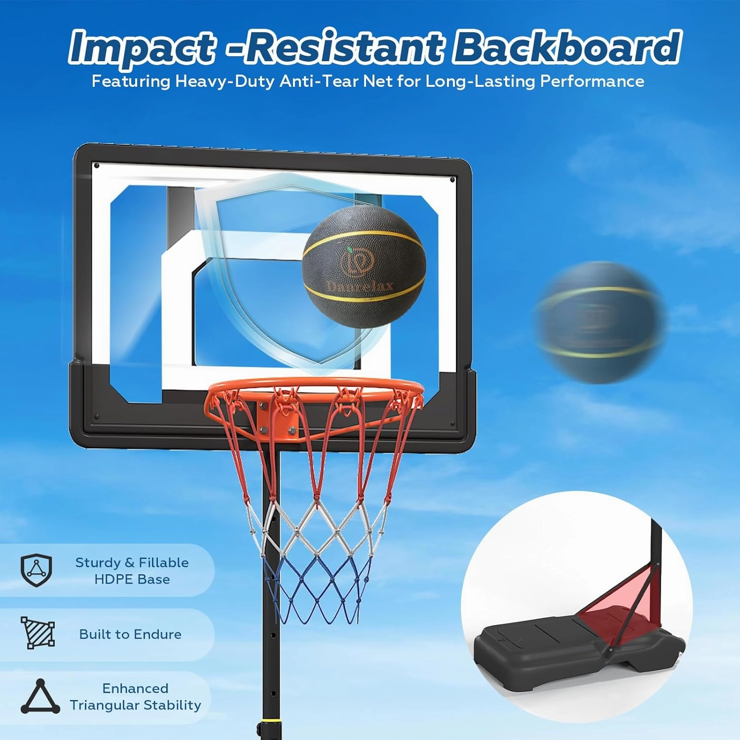 Pool Basketball Hoop, Height Adjustable 3.9" to 6.9", Black PE Frame, Water Base, Includes Air Pump, 8-Inch Rubber Ball, Indoor & Outdoor Use