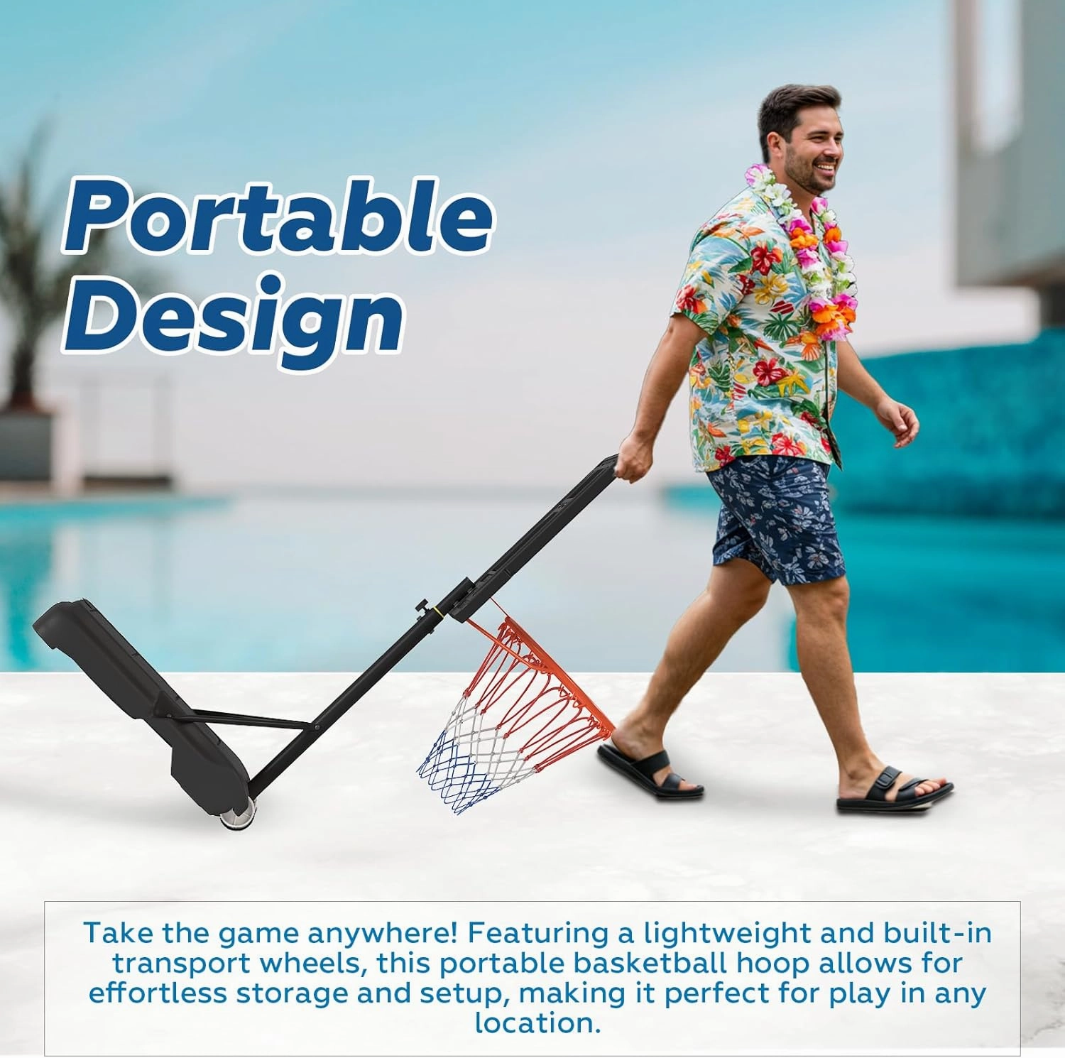 Pool Basketball Hoop, Height Adjustable 3.9" to 6.9", Black PE Frame, Water Base, Includes Air Pump, 8-Inch Rubber Ball, Indoor & Outdoor Use
