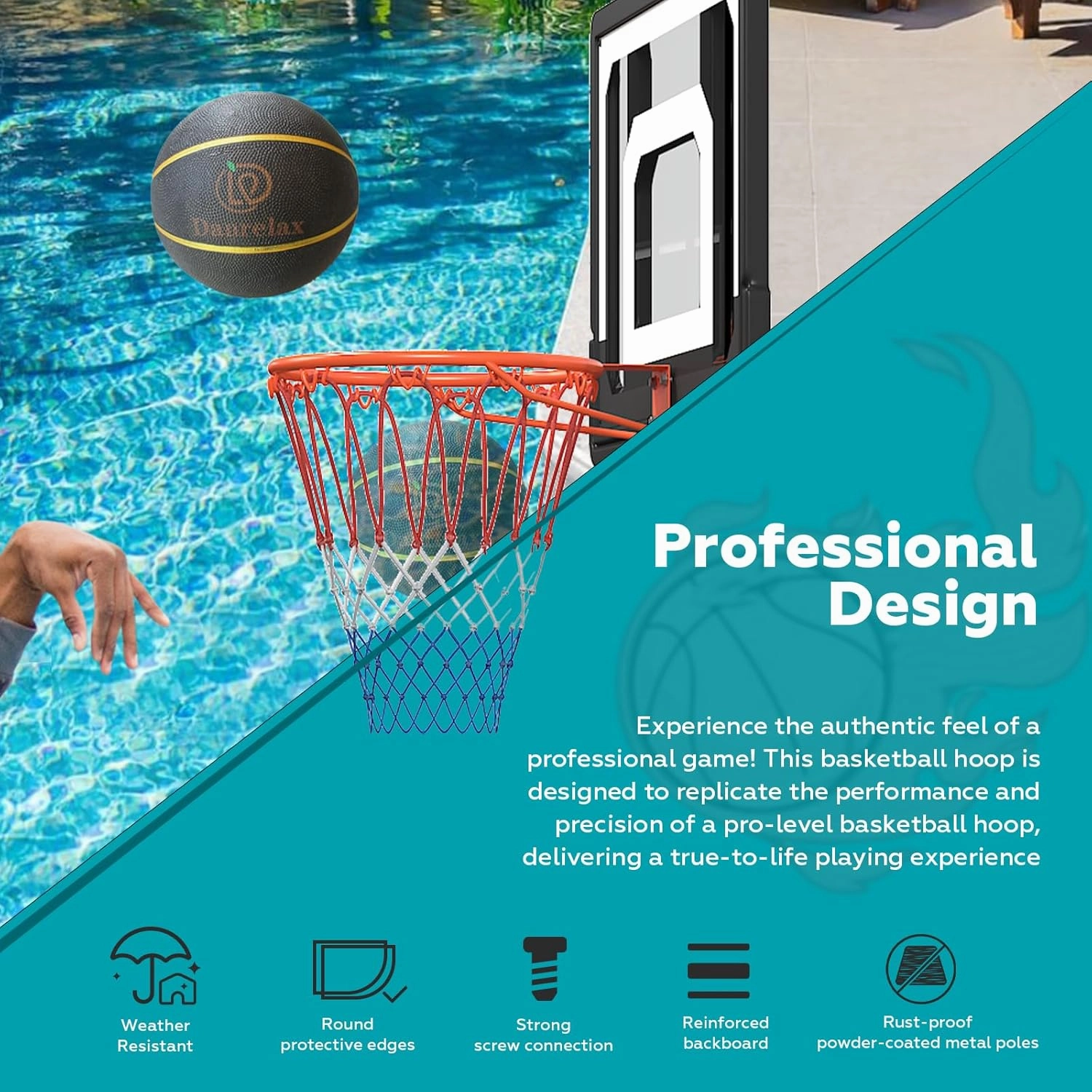 Pool Basketball Hoop, Height Adjustable 3.9" to 6.9", Black PE Frame, Water Base, Includes Air Pump, 8-Inch Rubber Ball, Indoor & Outdoor Use