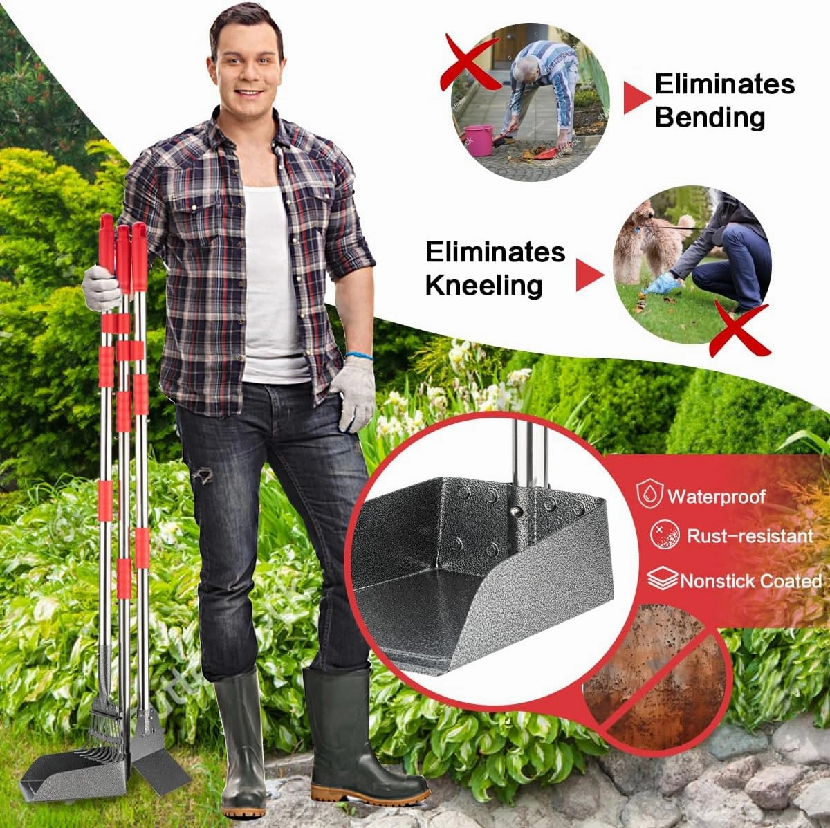 Pooper Scooper, Long Handle Dog Pooper Scooper, Heavy Duty Stainless Steel Rake with Tray & Spade Set for Pet Waste Removal, for Grass, Dirt or Gravel