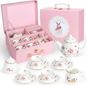 Porcelain Tea Set for Girls, Tea Party Set for Little Girls, Kids Tea Set Kitchen Pretend Play, Princess Tea Time Playset with Teapot Cups Carry Case, Toddler Girl Toys Birthday Gifts Age 3 