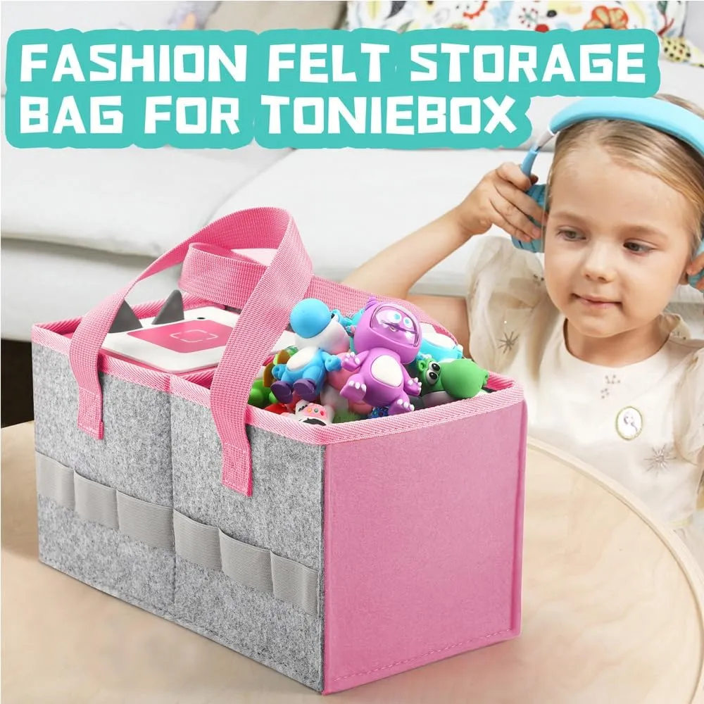 Portable Carrying Case Compatible with Toniebox Starter Set and Tonies Figurines,Travel Felt Cloth Musical Toy Folding Bag for Toniebox Accessories (Dark Pink)