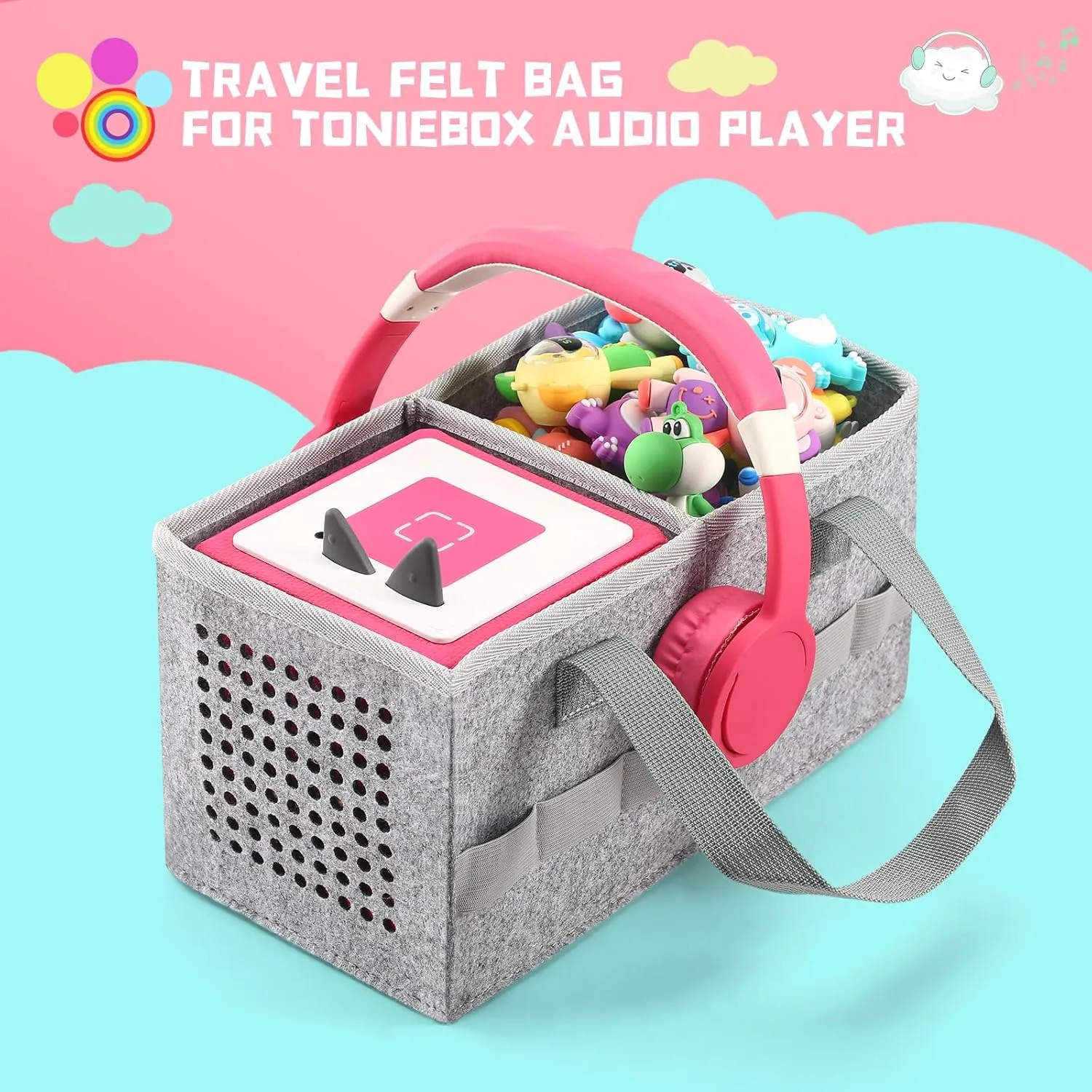 Portable Carrying Case Compatible with Toniebox Starter Set and Tonies Figurines,Travel Felt Cloth Musical Toy Folding Bag for Toniebox Accessories (Gray)