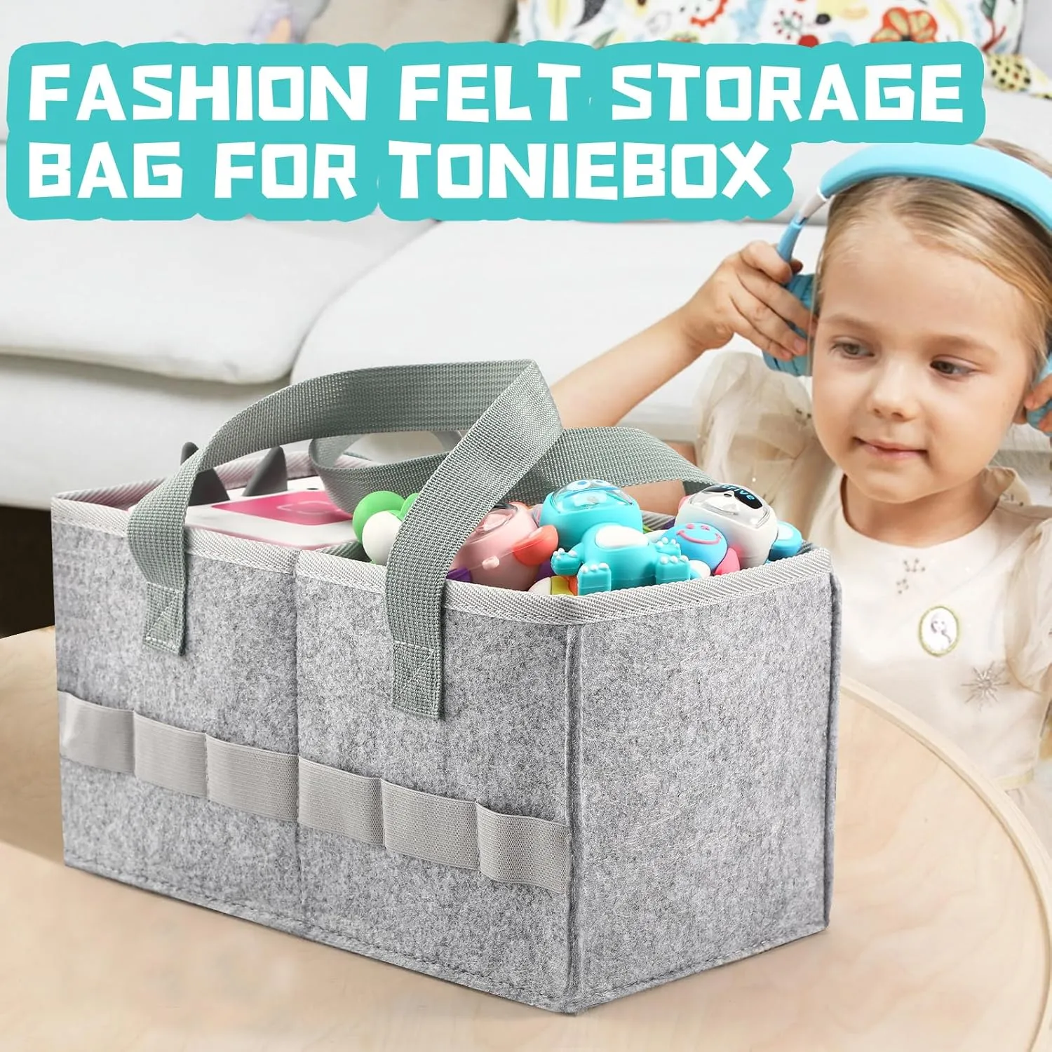 Portable Carrying Case Compatible with Toniebox Starter Set and Tonies Figurines,Travel Felt Cloth Musical Toy Folding Bag for Toniebox Accessories (Gray)
