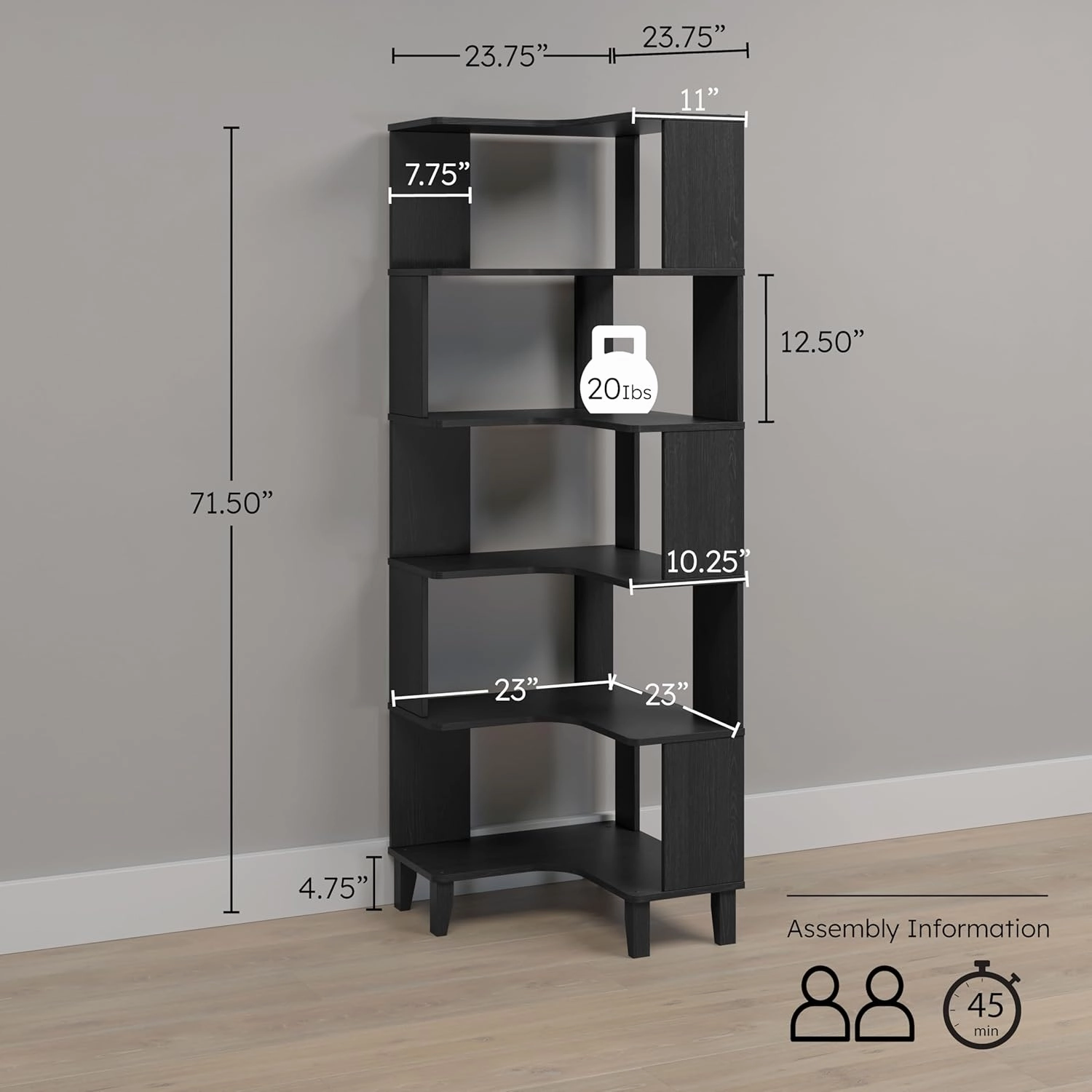 Prepac Nordik 6-Tier Black Modern Mid Century Corner Bookcase, 71.5" Extra Tall Black Corner Shelf with Storage, Multifunctional Freestanding Bookshelf for Home Office, Living Room, Dining Room