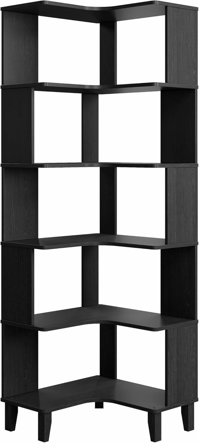 Prepac Nordik 6-Tier Black Modern Mid Century Corner Bookcase, 71.5" Extra Tall Black Corner Shelf with Storage, Multifunctional Freestanding Bookshelf for Home Office, Living Room, Dining Room