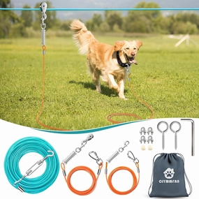 Professional Dog Runner Trolley System，Heavy Duty & Adjustable 65ft Dog Zip Line with 10ft & 15ft Tie Out for Large Dogs Up to 250lbs, Chew Proof Dog Run Cable for Yard, Camping & Outdoor Adventure