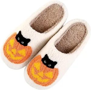 Pumpkin Slippers Halloween Slippers for Women Men House Shoes Spooky Slides Soft Warm Plush Couple Shoes