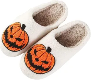 Pumpkin Slippers Halloween Slippers for Women Men House Shoes Spooky Slides Soft Warm Plush Couple Shoes