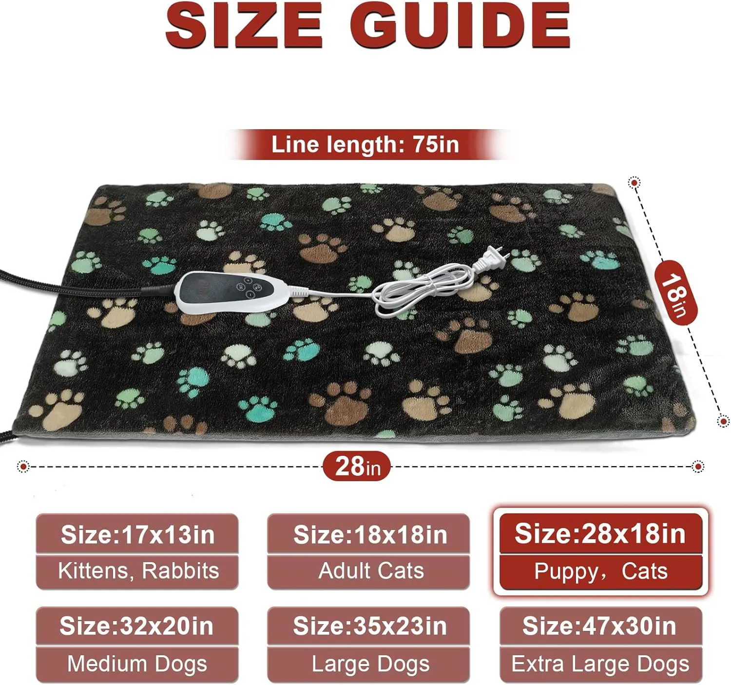 Puppy Heating Pad 28x18 in Pet Heating Pad for Dogs，Waterproof Outer Skin and Smart Thermostat Switch, Adjustable Heated Cat Bed, Adding Wire Rope Wires Cat Warming Pad With Plush Fabric Cover