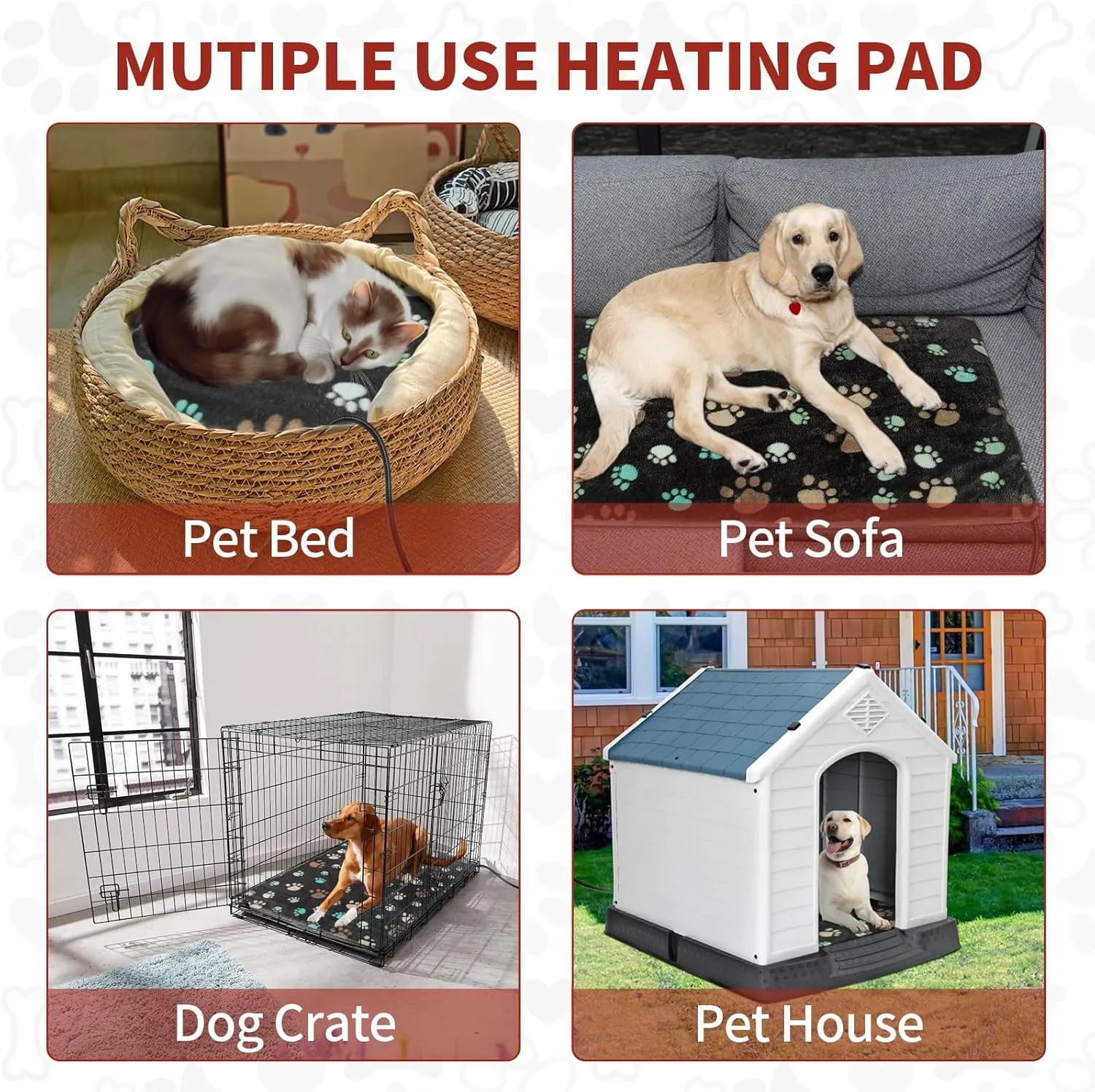 Puppy Heating Pad 28x18 in Pet Heating Pad for Dogs，Waterproof Outer Skin and Smart Thermostat Switch, Adjustable Heated Cat Bed, Adding Wire Rope Wires Cat Warming Pad With Plush Fabric Cover