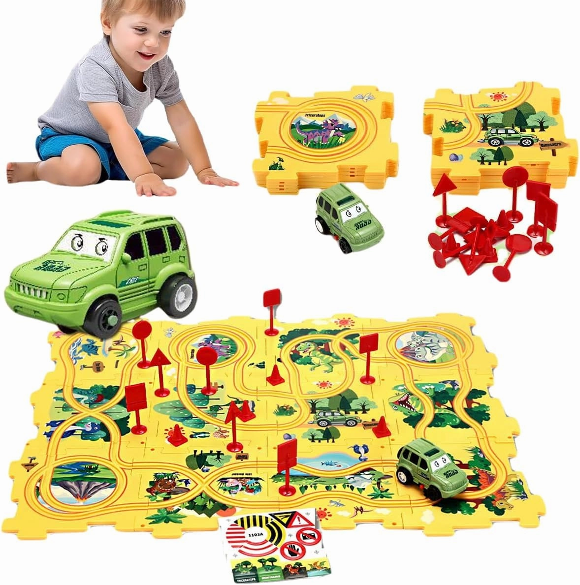 Puzzle Racer Kids Car Track Set - Toys for Ages 3 4 5 6 Toys Dinosaur Jigsaw Puzzle Track Car PlaySet for Children's Educational Learning Toy Christmas Brithday Gifts（Dinosaur）