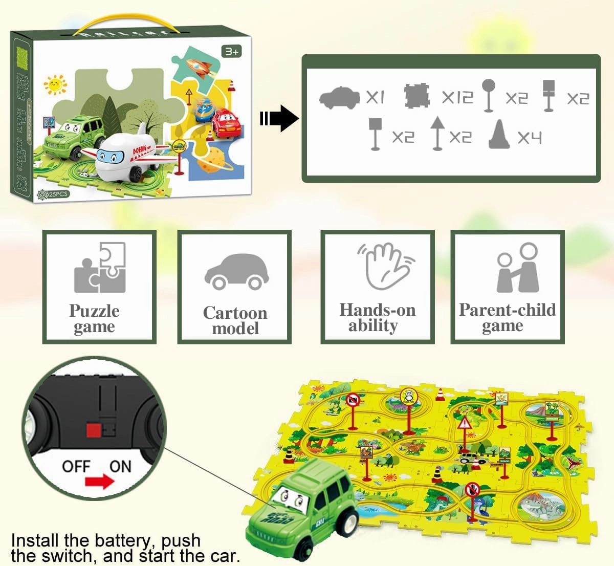 Puzzle Racer Kids Car Track Set - Toys for Ages 3 4 5 6 Toys Dinosaur Jigsaw Puzzle Track Car PlaySet for Children's Educational Learning Toy Christmas Brithday Gifts（Dinosaur）