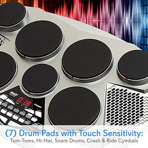 Pyle Pro Electronic Drum kit - Portable Electric Tabletop Drum Set Machine with Digital Panel, 7 Drum Pad, Hi-Hat / Kick Bass Pedal Controller USB AUX -Tom Toms, Hi-Hat, Snare Drums, Cymbals - PTED06