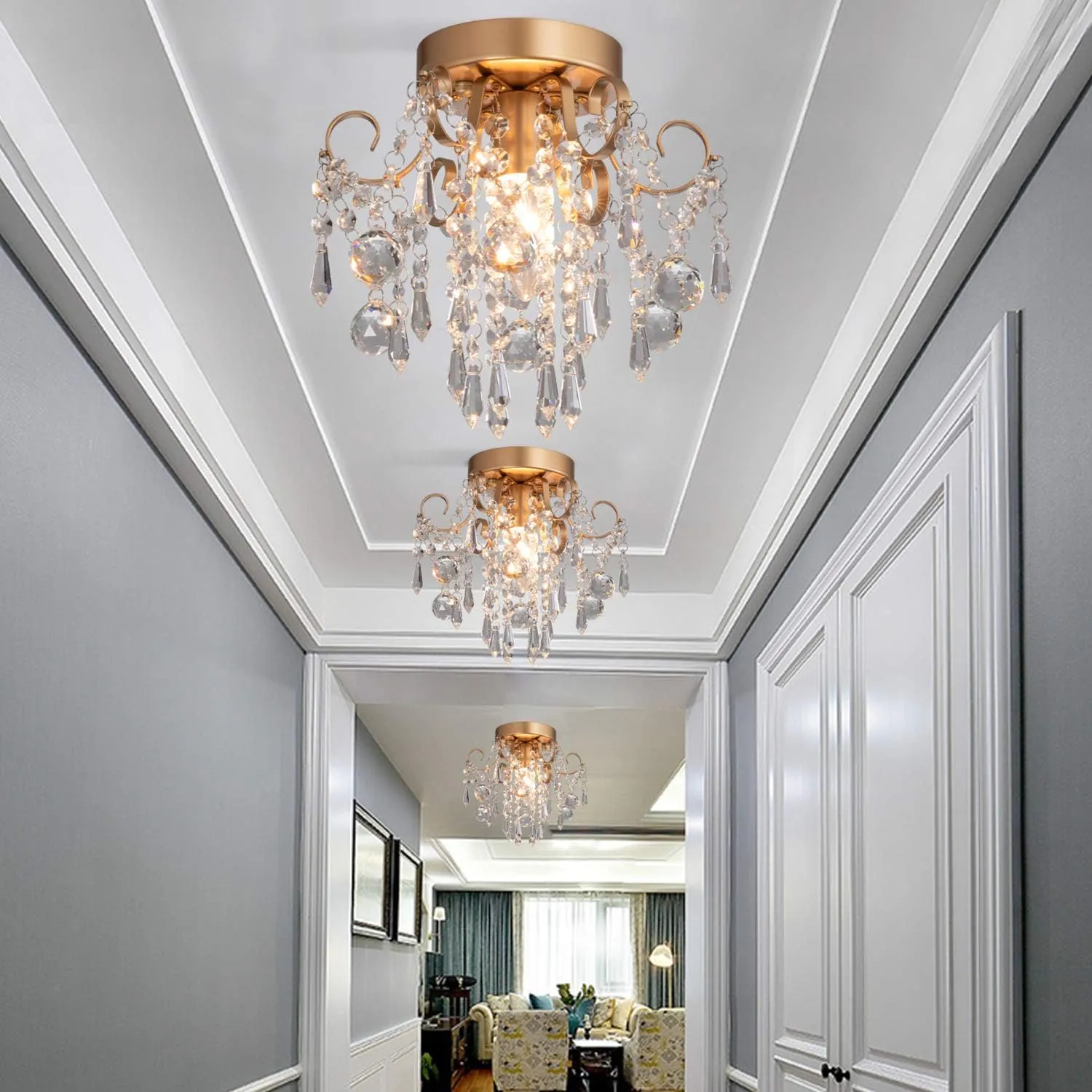 Q&S Mini Chandelier Crystal Ceiling Light,Small Flush Mount Gold Light Fixture for Entryway Bedroom Barthroom Hallway Closet E26