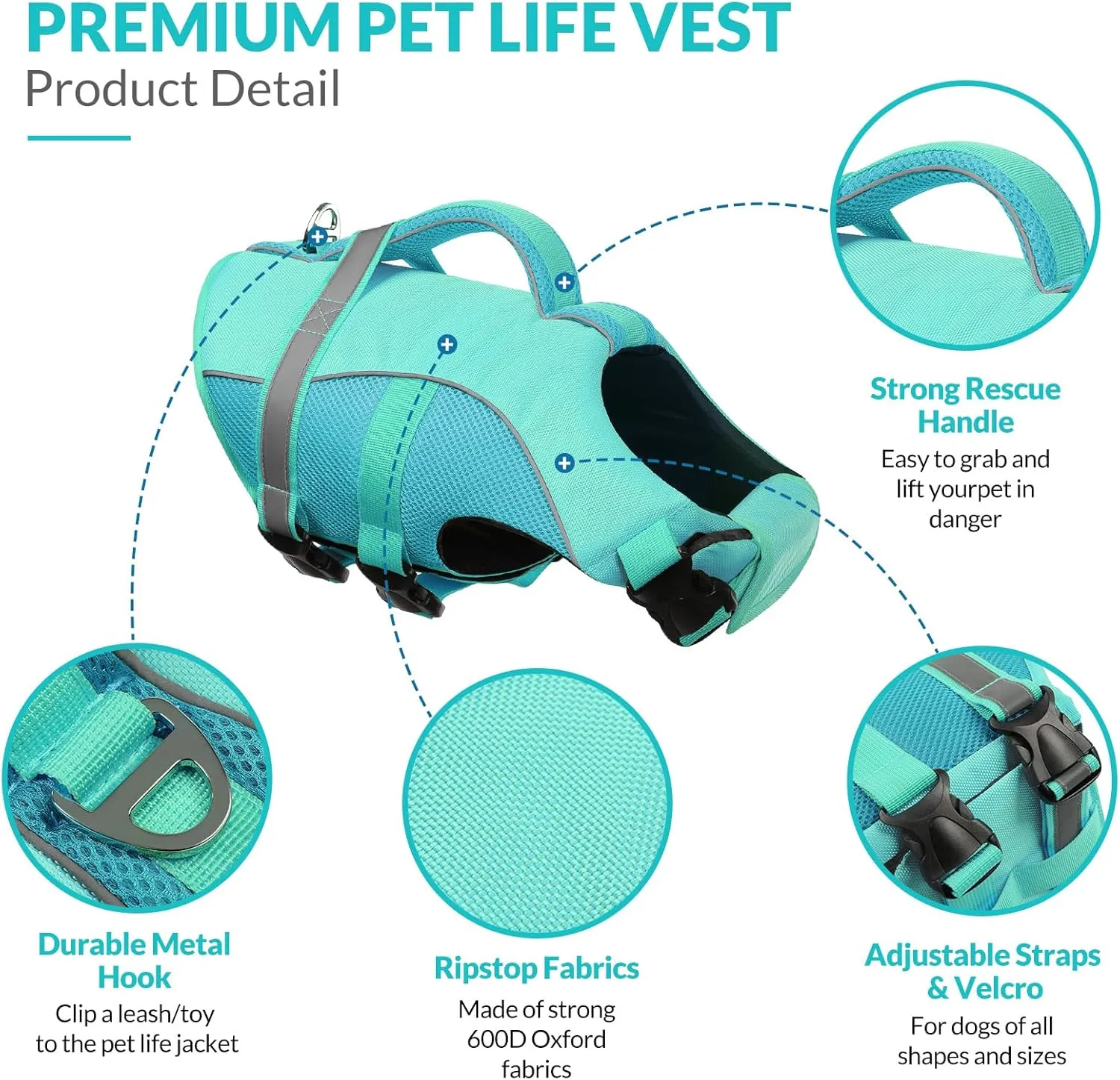 Queenmore Dog Life Vest for Swimming Boating, Adjustable Ripstop Dog Life Jacket, Lifesaver with Superior Buoyancy and Rescue Handle, Swimming Vest for Medium Dogs（LightBlue,M）