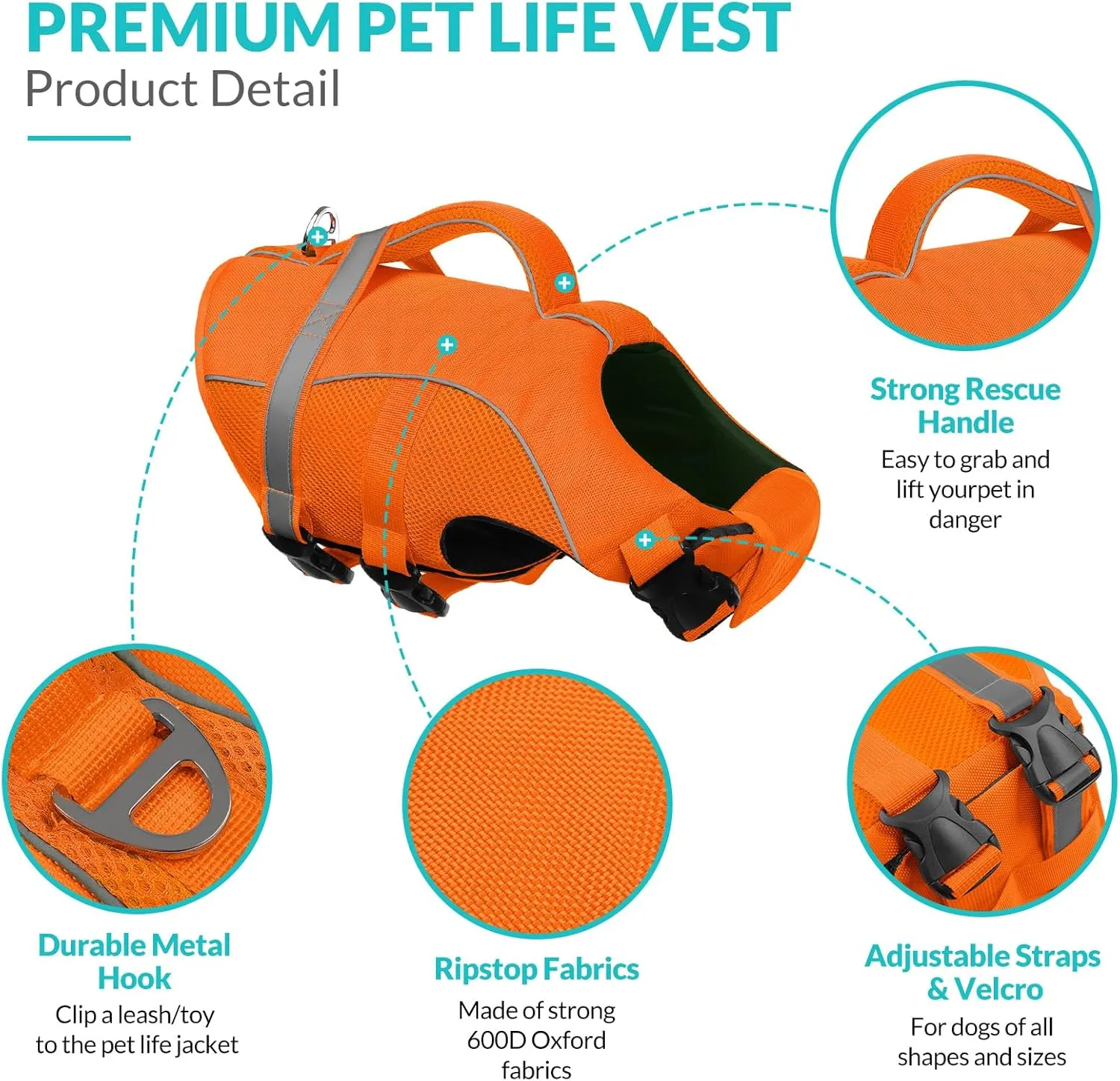 Queenmore Dog Life Vests for Boating, Adjustable Ripstop Dog Life Jacket, Dog Lifesaver with Superior Buoyancy and Rescue Handle, Dog Swimming Vest for X-Large Dogs（Orange,XL）