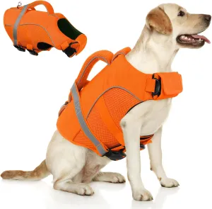Queenmore Dog Life Vests for Boating, Adjustable Ripstop Dog Life Jacket, Dog Lifesaver with Superior Buoyancy and Rescue Handle, Dog Swimming Vest for X-Large Dogs（Orange,XL）