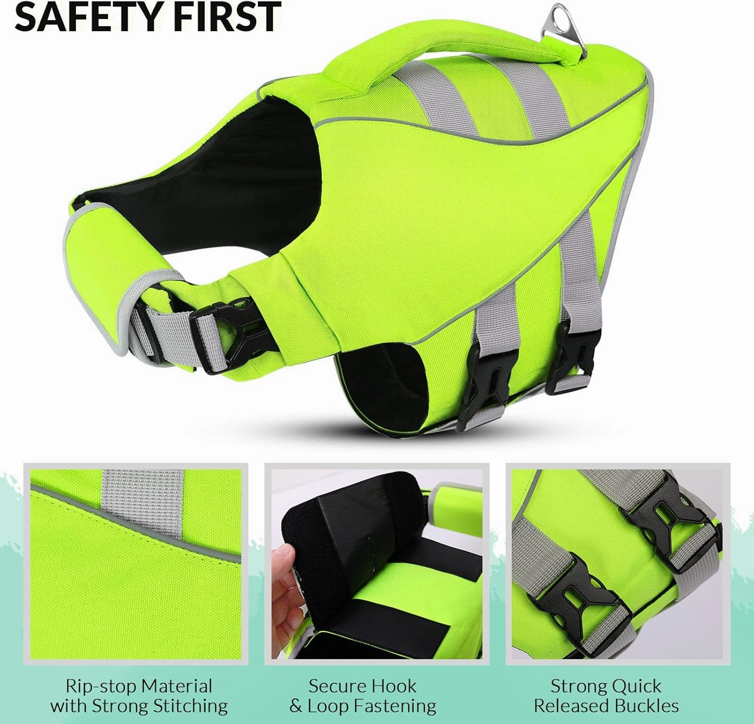 Queenmore Small Dog Life Jacket, Dog Life Vest for Swimming Boating, Puppy Life Jackets for Small Dogs, Ripstop Pet Life Vests with Rescue Handle Leash Hole, Safety Water Floating Vest, Hi-Vis Green