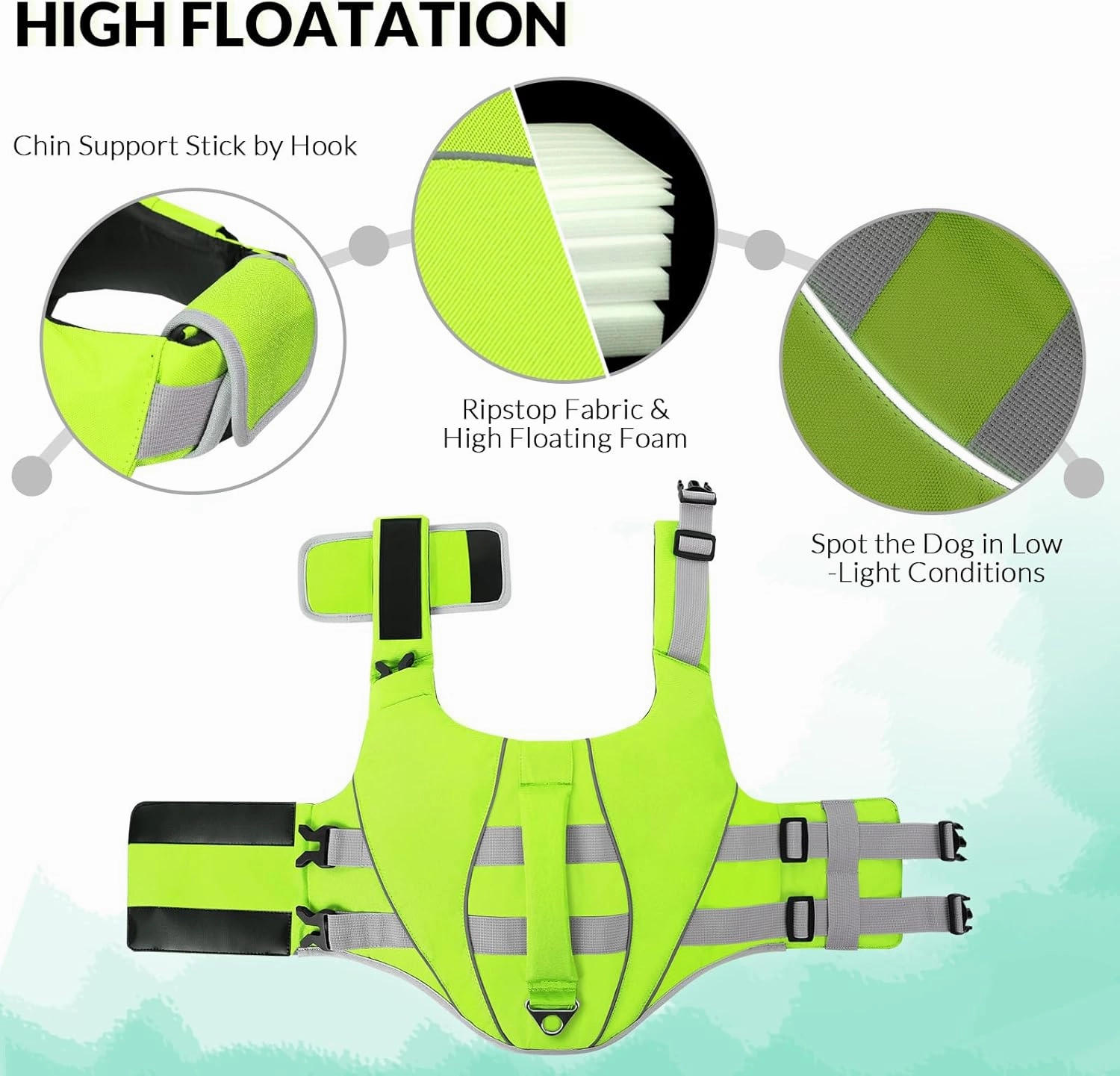 Queenmore Small Dog Life Jacket, Dog Life Vest for Swimming Boating, Puppy Life Jackets for Small Dogs, Ripstop Pet Life Vests with Rescue Handle Leash Hole, Safety Water Floating Vest, Hi-Vis Green