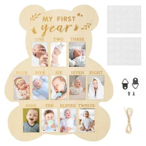 R HORSE My First Year Photo Display Wood Board, Baby’s First Year Picture Frame 12 Months Milestone Board Bear Shape Birthday Baby Keepsake Nursery Decor Gift for Boy Girl