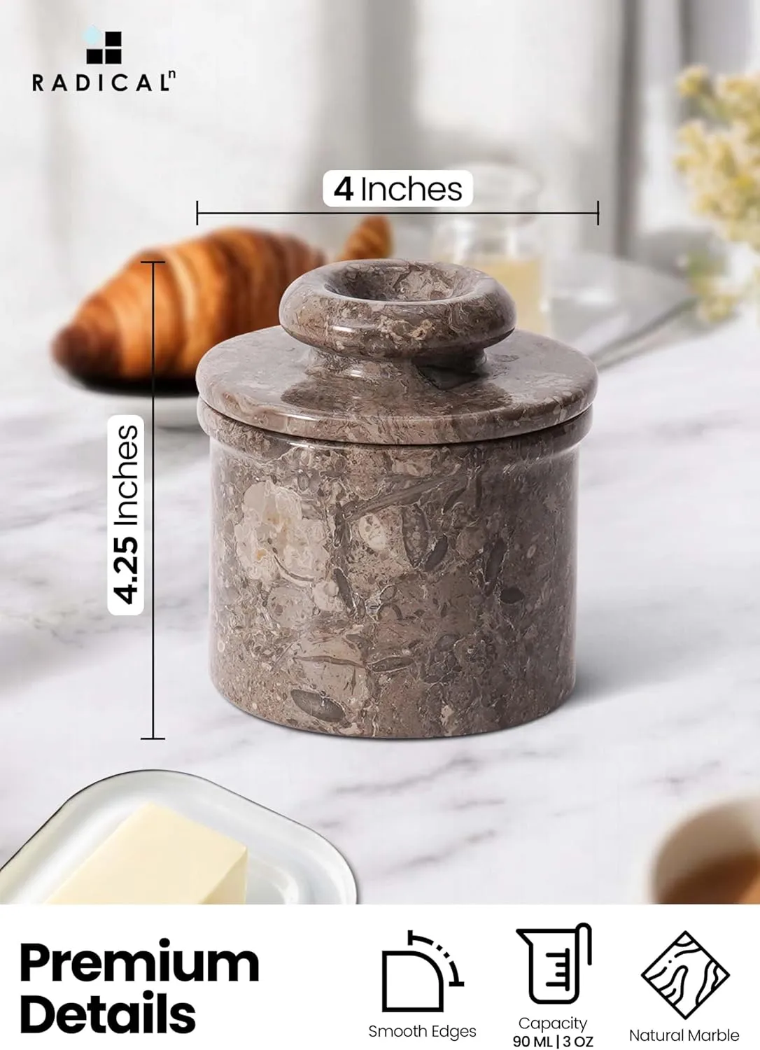 Radicaln Marble Butter Keeper 4.25" Inches Oceanic Handmade Butter Crock For Spreadable Butter Ideal Butter Crock For Counter With Water French Butter, Crock Pot & butter dish with lid for countertop