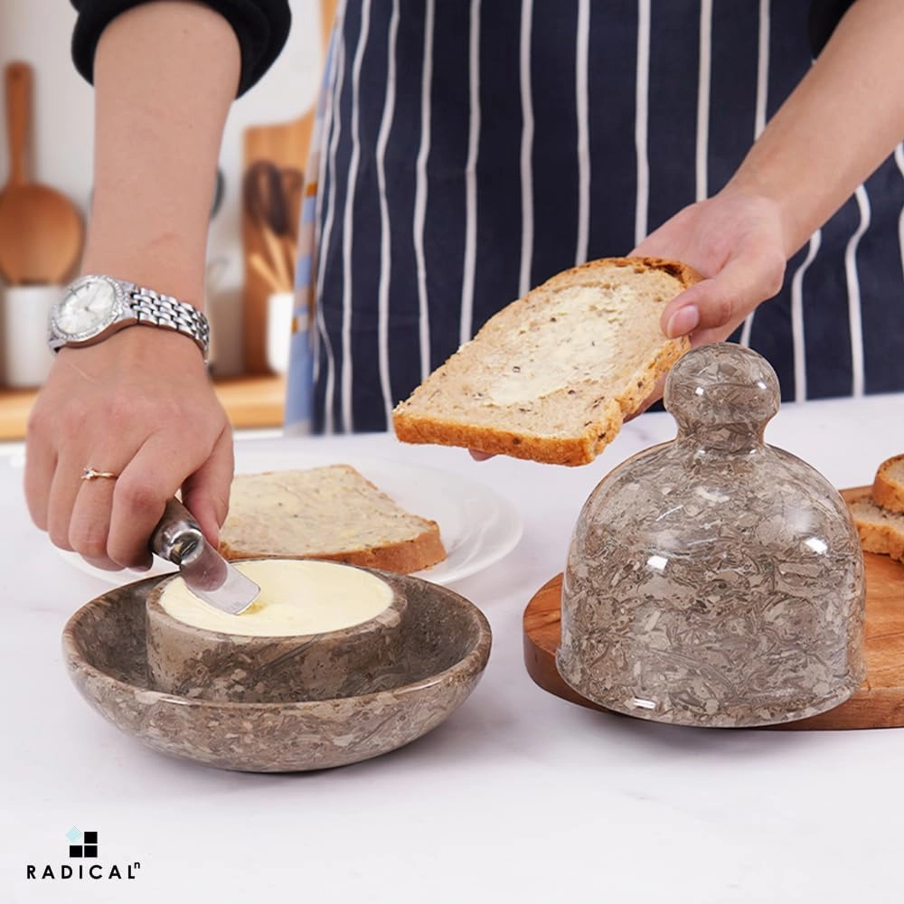 Radicaln Marble Butter Dish With Lid 6" Inches Oceanic Handmade Butter Spreader Kitchen Accessories Ideal Kitchen Butter Crock For Kitchen Countertop, Butter Crock For Counter With Water