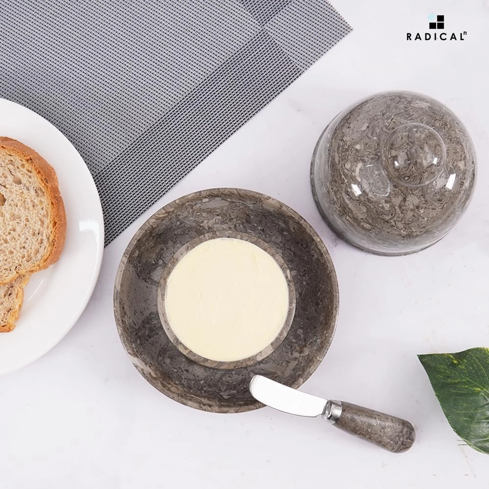 Radicaln Marble Butter Dish With Lid 6" Inches Oceanic Handmade Butter Spreader Kitchen Accessories Ideal Kitchen Butter Crock For Kitchen Countertop, Butter Crock For Counter With Water