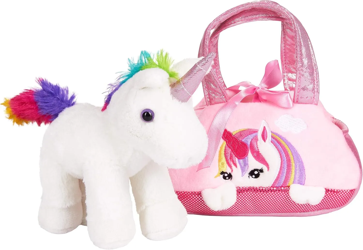 Rainbow Plush Unicorn in Handbag - 8 Inches - Soft Toy in Bag - Cuddly Toy - Stuffed Animal - Pink