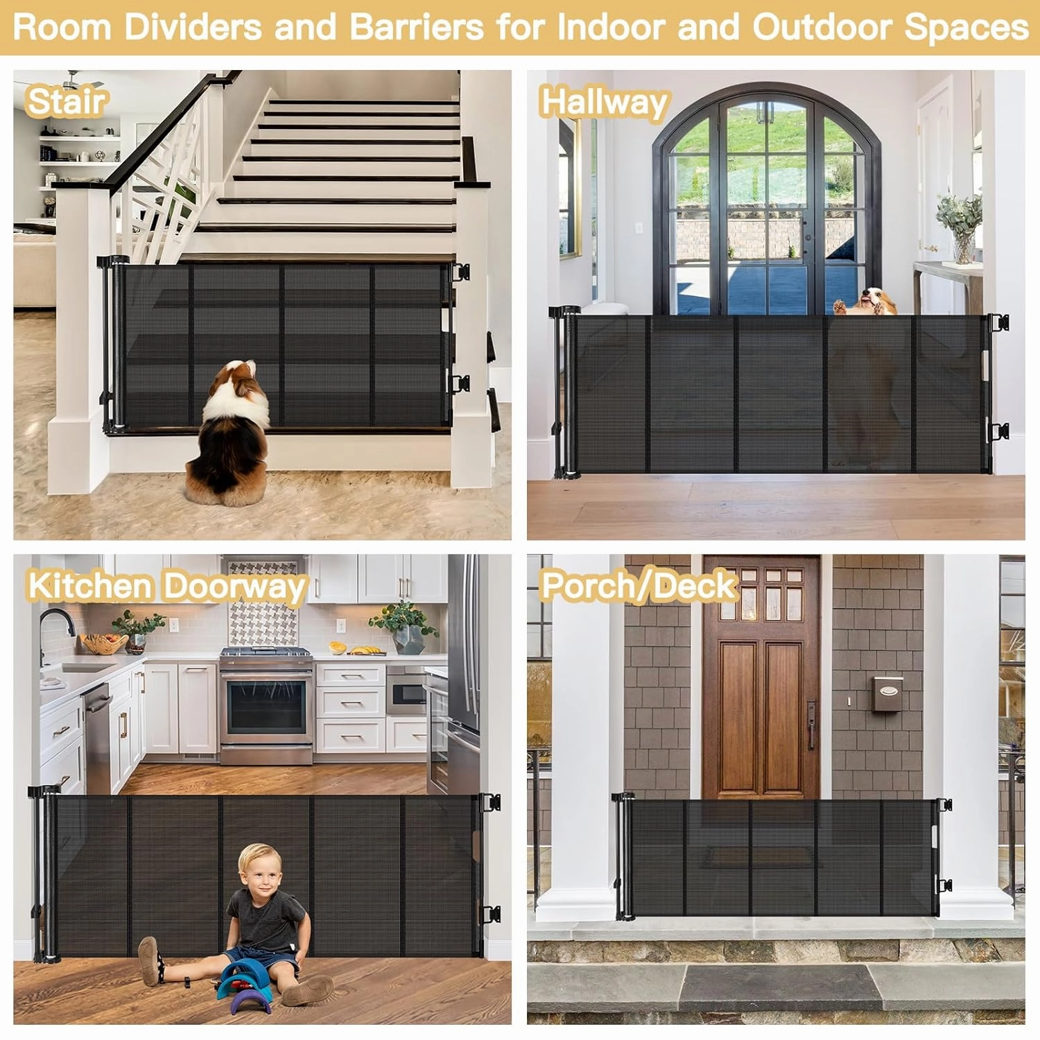 Reinforced 28 Inch Tall Retractable Dog Gate Small Baby Gate - Easy Step Over Dog Gate Short Pet Gate with Support Rods, 55" Wide Retractable Baby Gate for Stairs, Puppy Gates for Doorways, Black