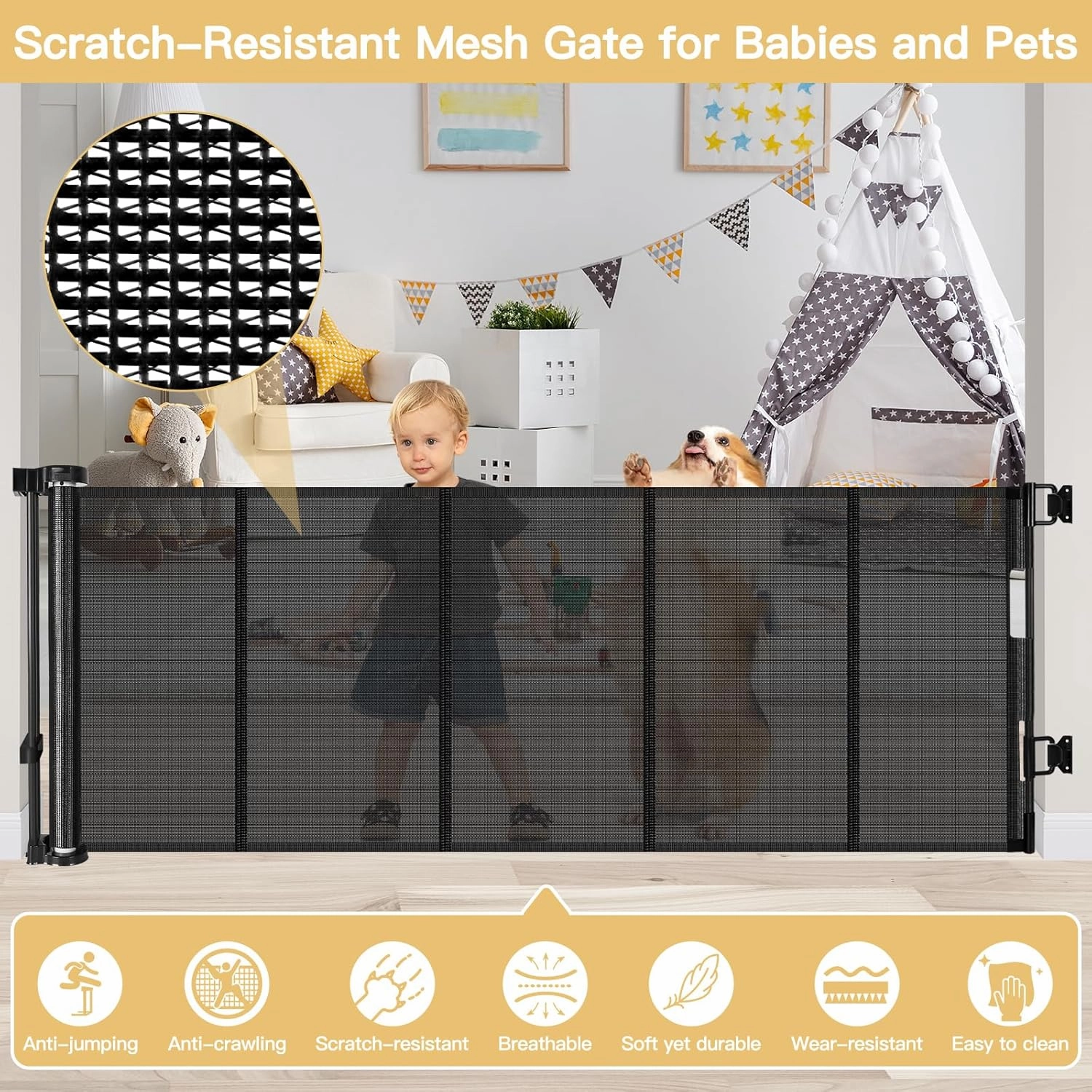 Reinforced 28 Inch Tall Retractable Dog Gate Small Baby Gate - Easy Step Over Dog Gate Short Pet Gate with Support Rods, 55" Wide Retractable Baby Gate for Stairs, Puppy Gates for Doorways, Black