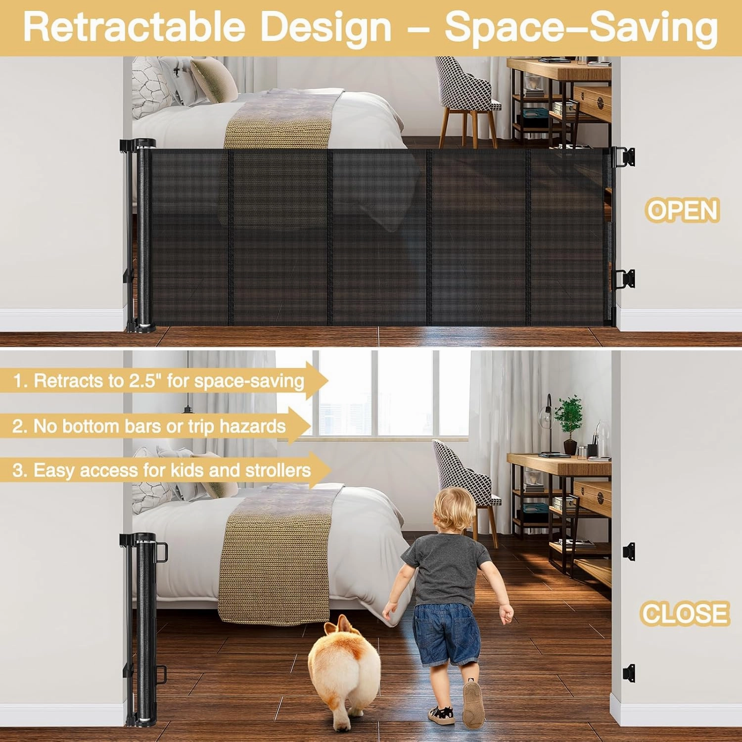 Reinforced 28 Inch Tall Retractable Dog Gate Small Baby Gate - Easy Step Over Dog Gate Short Pet Gate with Support Rods, 55" Wide Retractable Baby Gate for Stairs, Puppy Gates for Doorways, Black