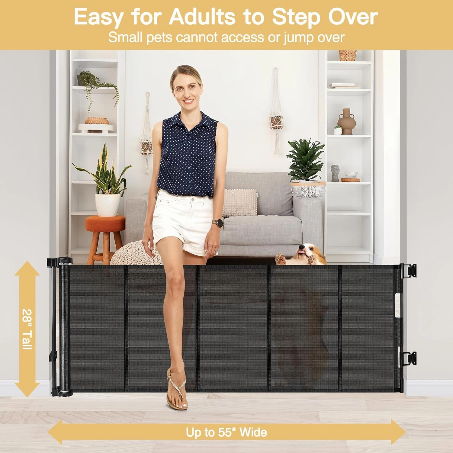 Reinforced 28 Inch Tall Retractable Dog Gate Small Baby Gate - Easy Step Over Dog Gate Short Pet Gate with Support Rods, 55" Wide Retractable Baby Gate for Stairs, Puppy Gates for Doorways, Black