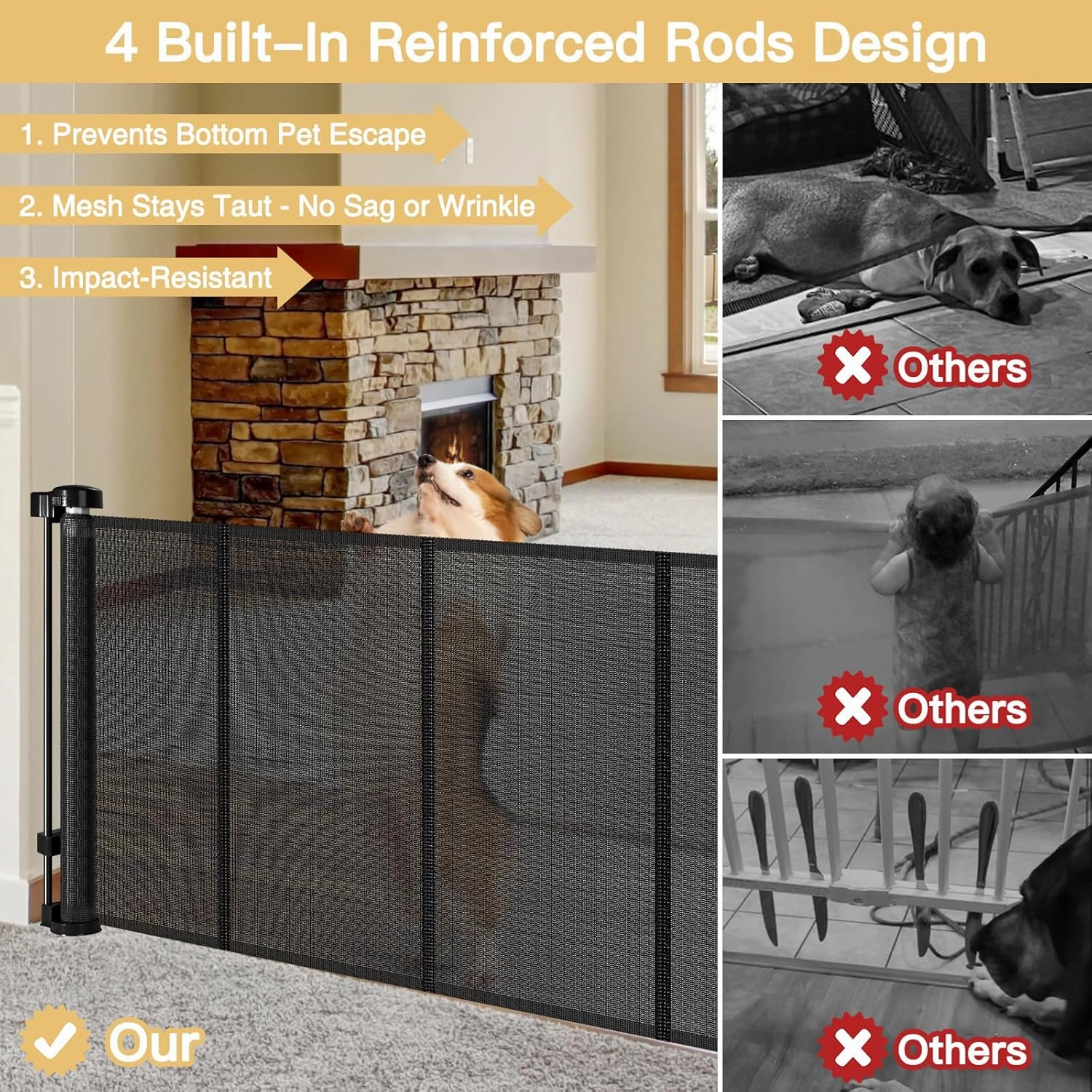 Reinforced 28 Inch Tall Retractable Dog Gate Small Baby Gate - Easy Step Over Dog Gate Short Pet Gate with Support Rods, 55" Wide Retractable Baby Gate for Stairs, Puppy Gates for Doorways, Black