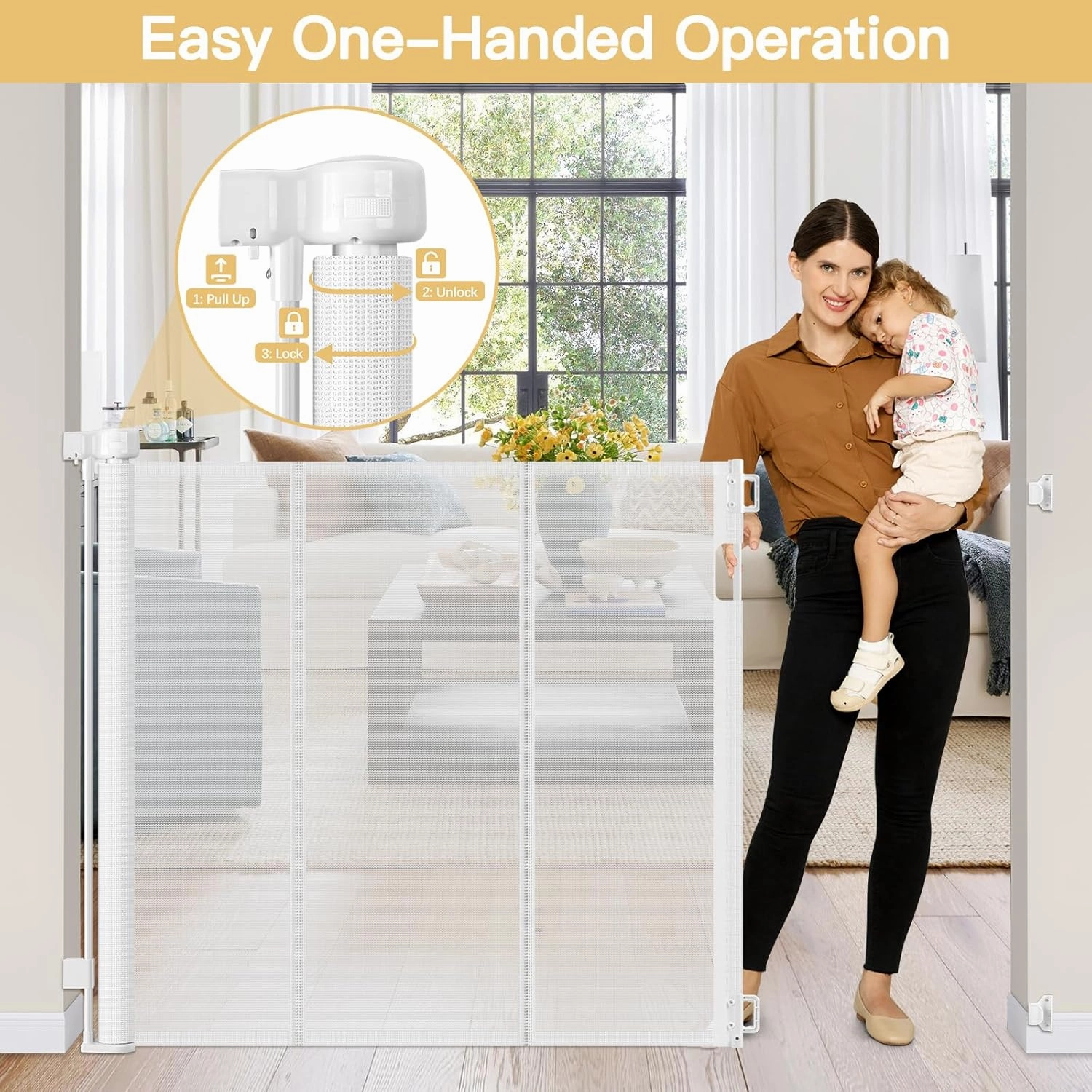 Reinforced 42" Extra Tall Retractable Baby Gates Tall Dog Gate with Support Rods, 55" Wide Mesh Baby Gate Retractable Pet Gate Indoor/Outdoor Baby Gates for Dogs - Bottom Anti-Escape, White