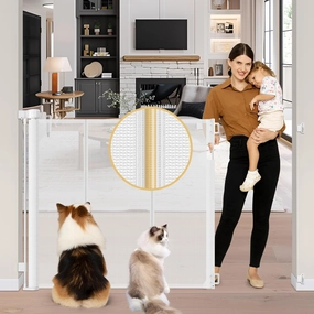 Reinforced 42" Extra Tall Retractable Baby Gates Tall Dog Gate with Support Rods, 55" Wide Mesh Baby Gate Retractable Pet Gate Indoor/Outdoor Baby Gates for Dogs - Bottom Anti-Escape, White