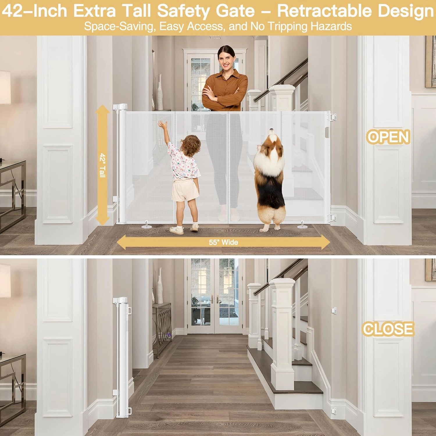 Reinforced 42" Extra Tall Retractable Baby Gates Tall Dog Gate with Support Rods, 55" Wide Mesh Baby Gate Retractable Pet Gate Indoor/Outdoor Baby Gates for Dogs - Bottom Anti-Escape, White
