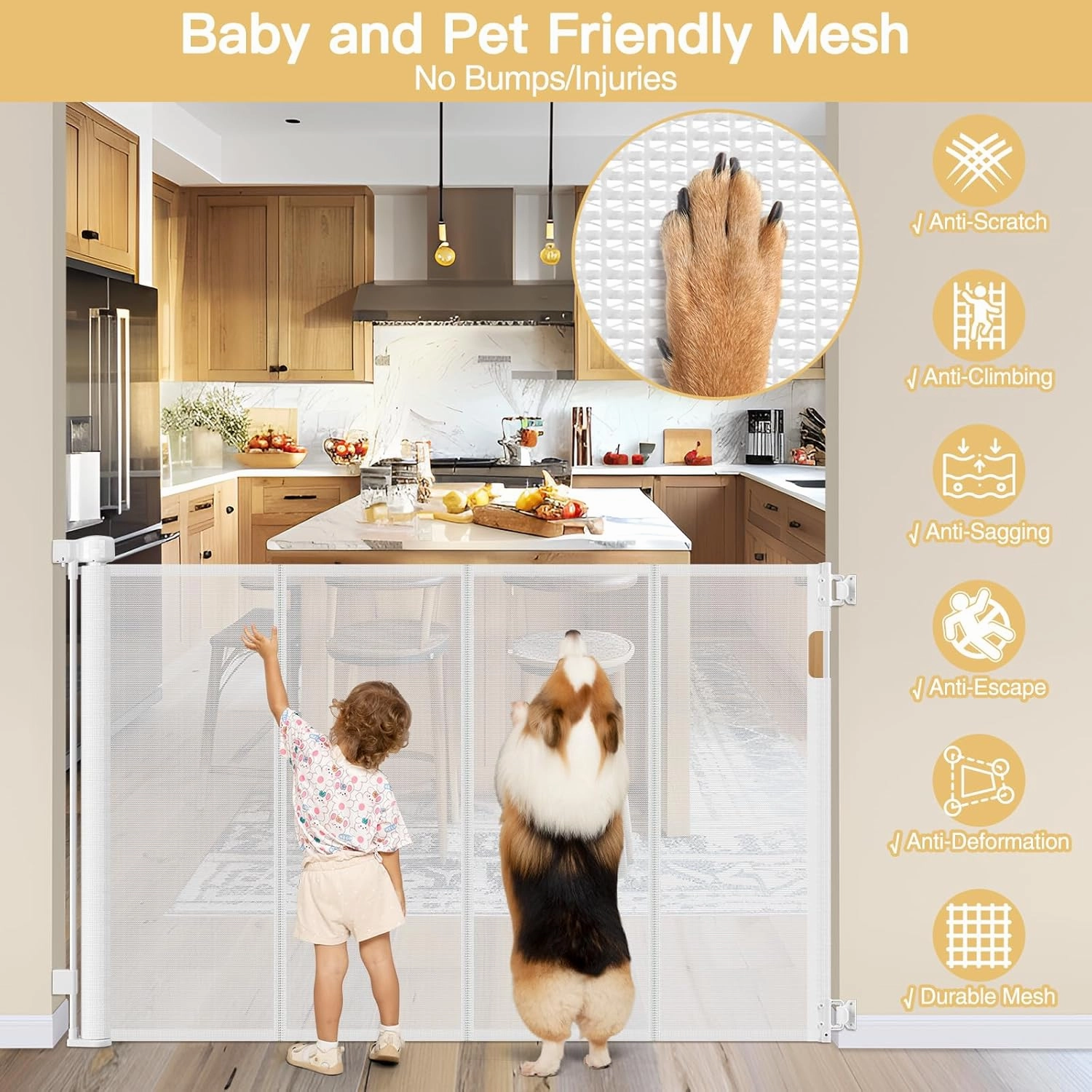 Reinforced 42" Extra Tall Retractable Baby Gates Tall Dog Gate with Support Rods, 55" Wide Mesh Baby Gate Retractable Pet Gate Indoor/Outdoor Baby Gates for Dogs - Bottom Anti-Escape, White