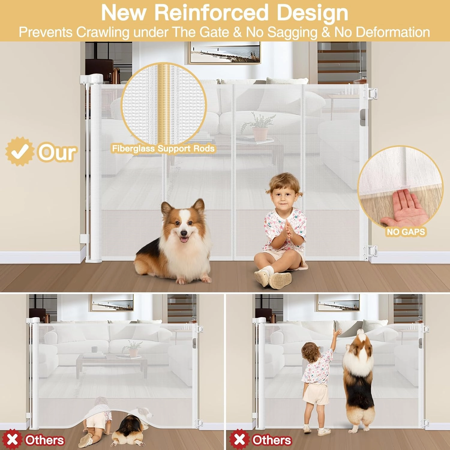 Reinforced 42" Extra Tall Retractable Baby Gates Tall Dog Gate with Support Rods, 55" Wide Mesh Baby Gate Retractable Pet Gate Indoor/Outdoor Baby Gates for Dogs - Bottom Anti-Escape, White