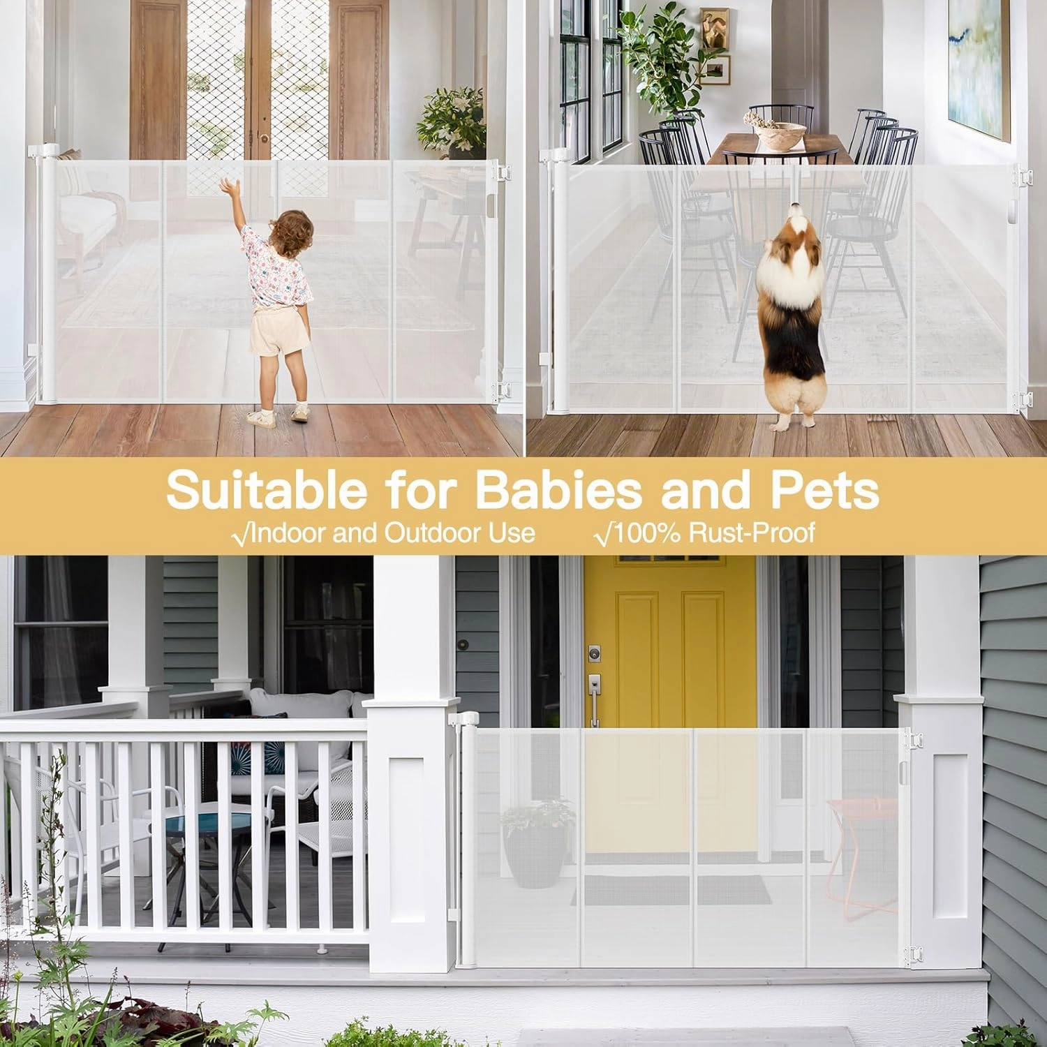 Reinforced 42" Extra Tall Retractable Baby Gates Tall Dog Gate with Support Rods, 55" Wide Mesh Baby Gate Retractable Pet Gate Indoor/Outdoor Baby Gates for Dogs - Bottom Anti-Escape, White