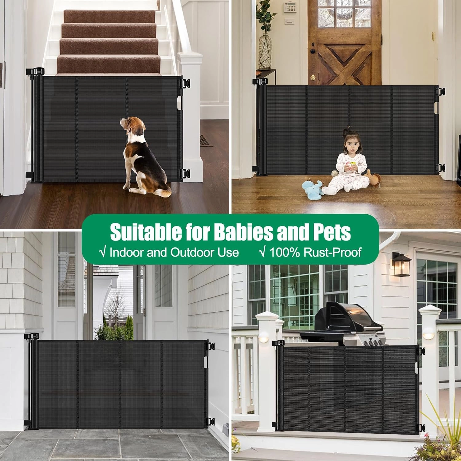 Reinforced 56" Wide Retractable Baby Gate Retractable Dog Gate with Support Rods - Anti-Bottom Crawl, Mesh Gate Retractable Gate Outdoor Retractable Pet Gate Indoor Doorway/Hallway/Stair Gate, Black