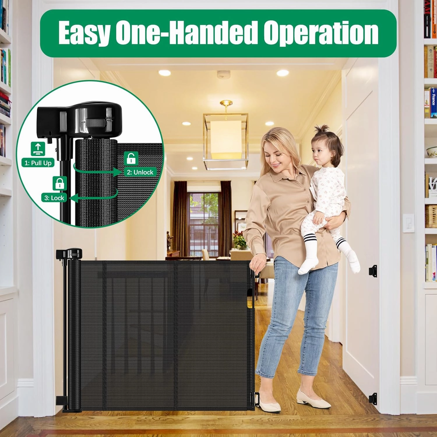 Reinforced 56" Wide Retractable Baby Gate Retractable Dog Gate with Support Rods - Anti-Bottom Crawl, Mesh Gate Retractable Gate Outdoor Retractable Pet Gate Indoor Doorway/Hallway/Stair Gate, Black