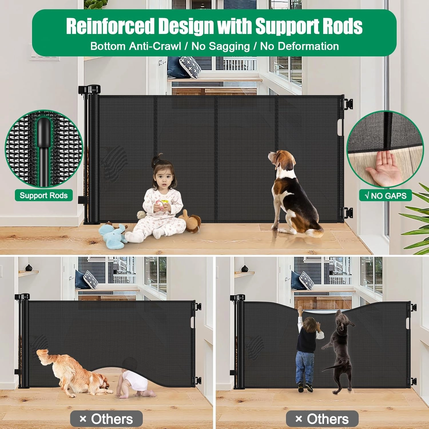 Reinforced 56" Wide Retractable Baby Gate Retractable Dog Gate with Support Rods - Anti-Bottom Crawl, Mesh Gate Retractable Gate Outdoor Retractable Pet Gate Indoor Doorway/Hallway/Stair Gate, Black