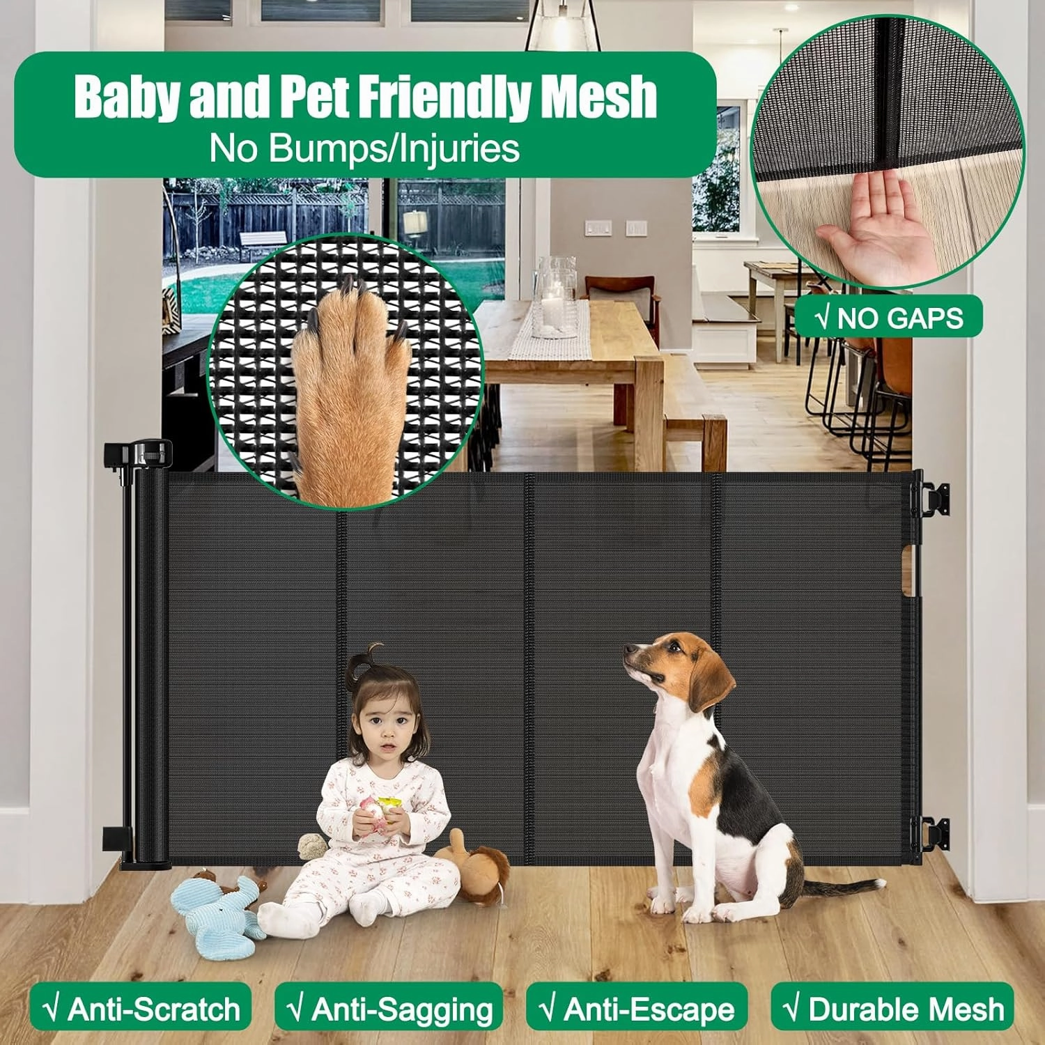 Reinforced 56" Wide Retractable Baby Gate Retractable Dog Gate with Support Rods - Anti-Bottom Crawl, Mesh Gate Retractable Gate Outdoor Retractable Pet Gate Indoor Doorway/Hallway/Stair Gate, Black
