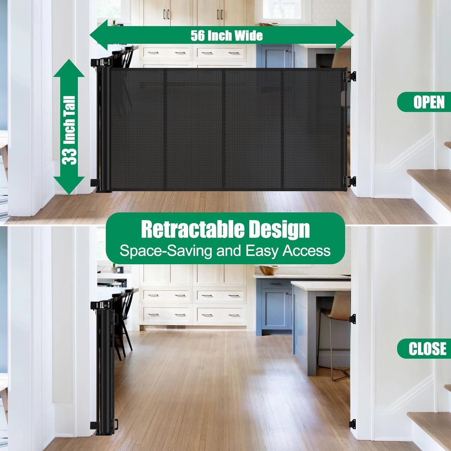 Reinforced 56" Wide Retractable Baby Gate Retractable Dog Gate with Support Rods - Anti-Bottom Crawl, Mesh Gate Retractable Gate Outdoor Retractable Pet Gate Indoor Doorway/Hallway/Stair Gate, Black