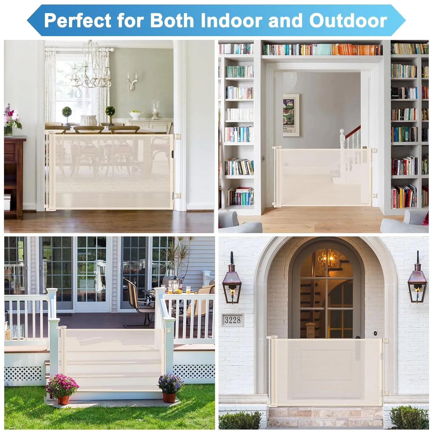 Retractable Baby Gates for Doorways, Extends Up to 56" Wide Retractable Pet Gate, Retractable Dog Gate for The House, Child Gate Mesh Baby Gate for Stairs, Doorways, Hallways, Porch, Deck, Beige
