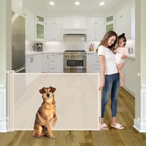 Retractable Baby Gates for Doorways, Extends Up to 56" Wide Retractable Pet Gate, Retractable Dog Gate for The House, Child Gate Mesh Baby Gate for Stairs, Doorways, Hallways, Porch, Deck, Beige
