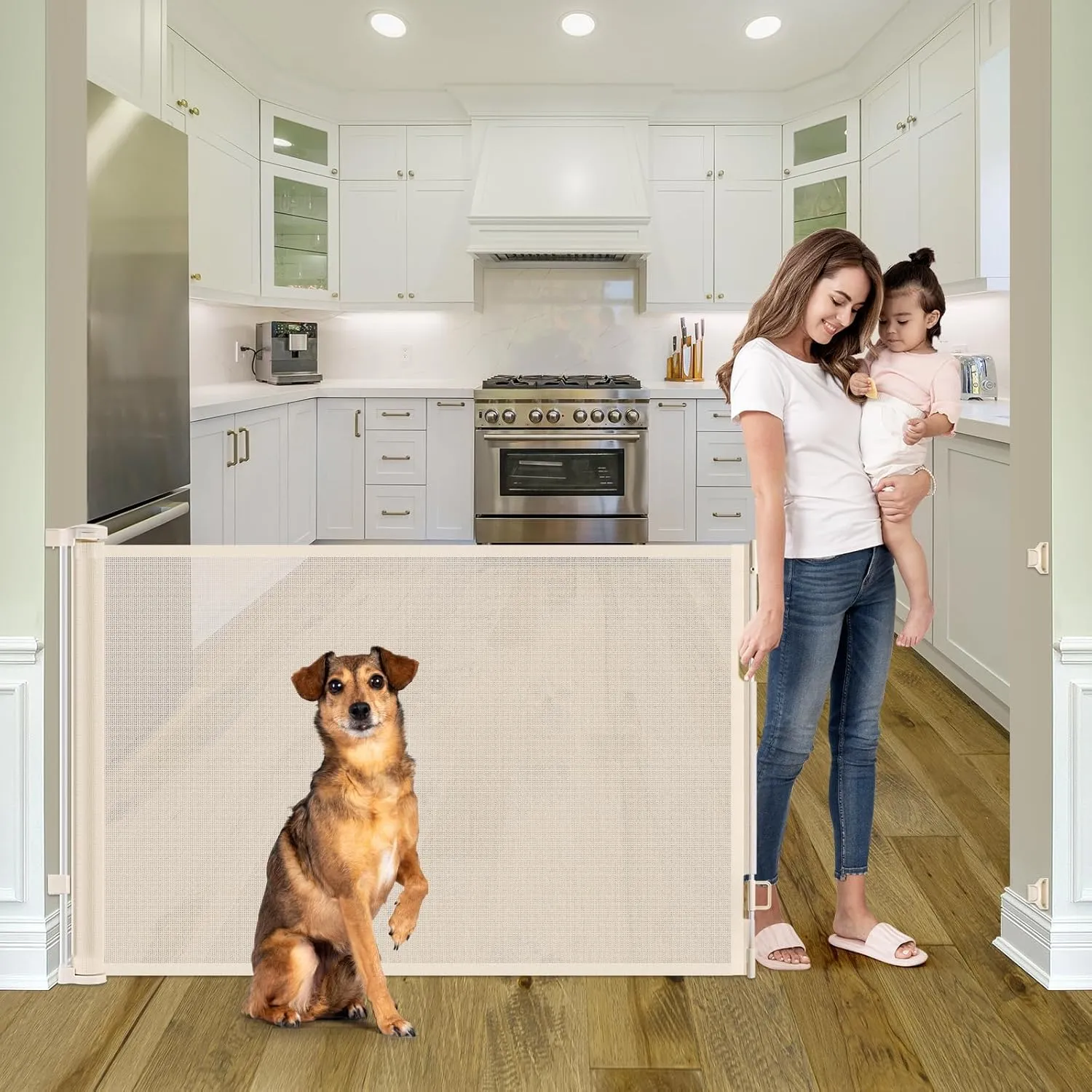 Retractable Baby Gates for Doorways, Extends Up to 56" Wide Retractable Pet Gate, Retractable Dog Gate for The House, Child Gate Mesh Baby Gate for Stairs, Doorways, Hallways, Porch, Deck, Beige