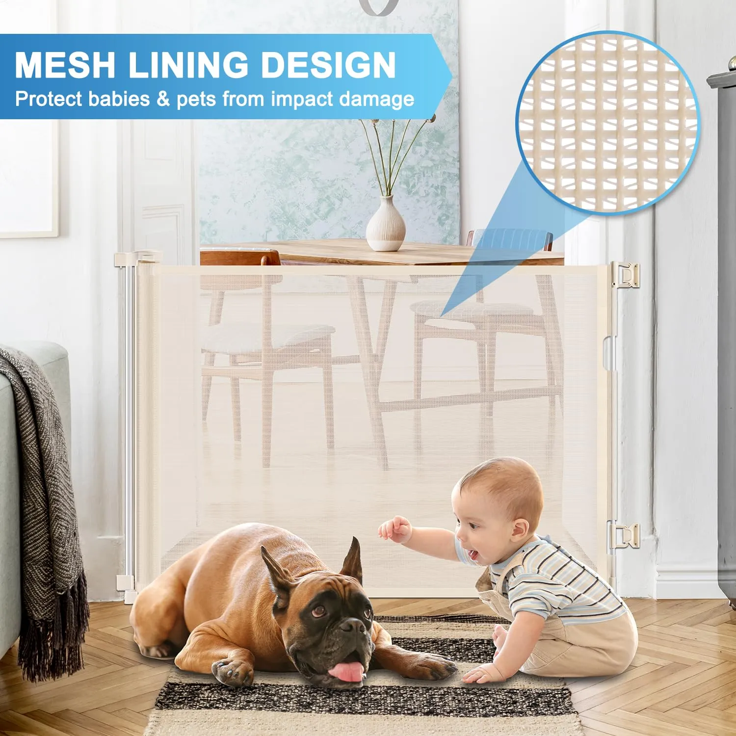 Retractable Baby Gates for Doorways, Extends Up to 56" Wide Retractable Pet Gate, Retractable Dog Gate for The House, Child Gate Mesh Baby Gate for Stairs, Doorways, Hallways, Porch, Deck, Beige