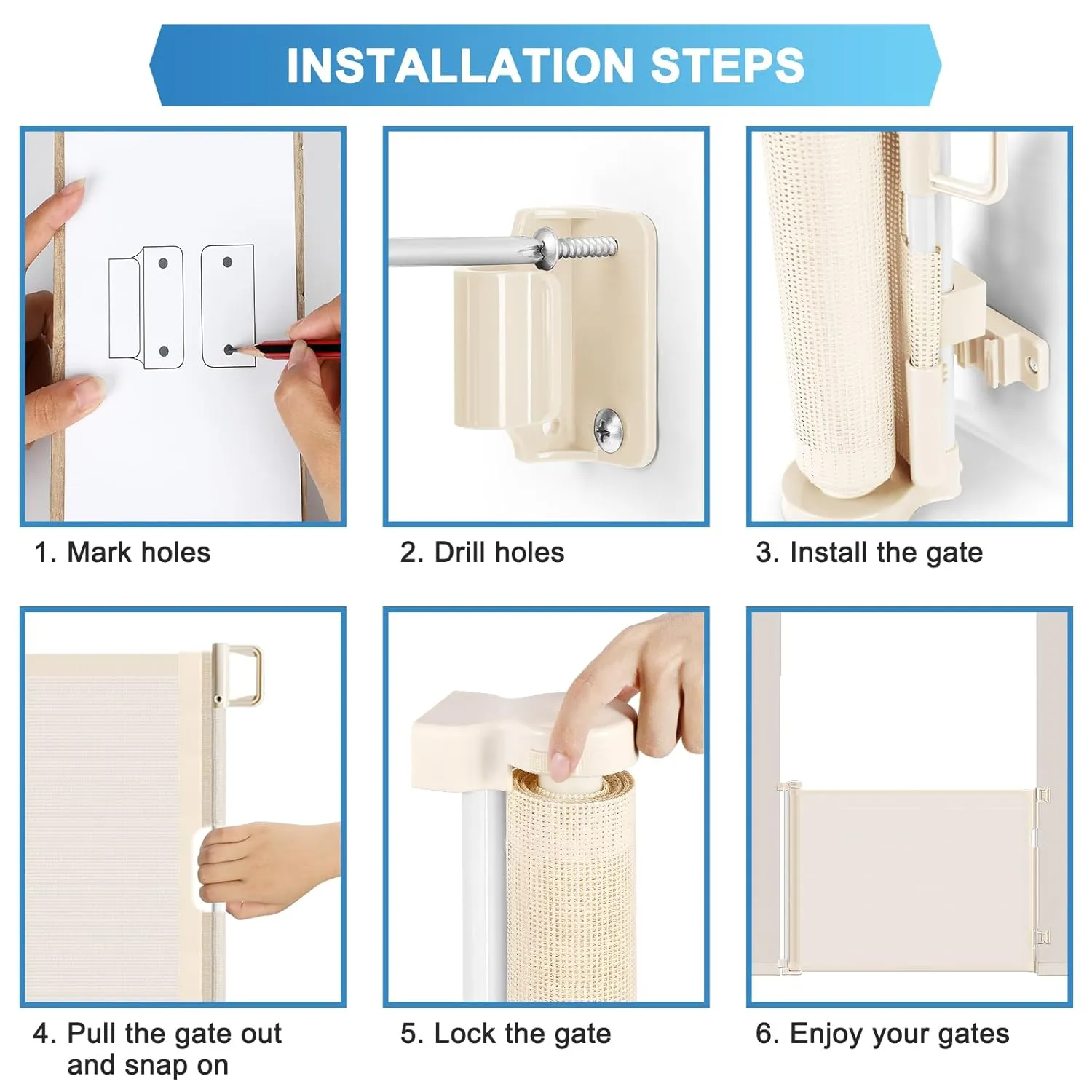 Retractable Baby Gates for Doorways, Extends Up to 56" Wide Retractable Pet Gate, Retractable Dog Gate for The House, Child Gate Mesh Baby Gate for Stairs, Doorways, Hallways, Porch, Deck, Beige